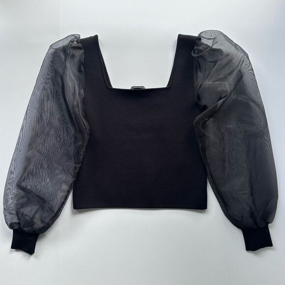 NWT House of Harlow 1960 Black Knit Stretch Sheer Puff Sleeve Top XS - Picture 2 of 8